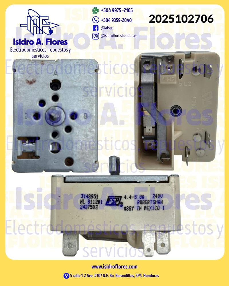 Switch interruptor infinito estufa Whirlpool original 4.4-5.8A 240V