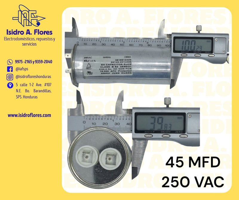 Capacitor aluminio lavadora Daewoo 45.6UF +5%  250v  2 postes UR