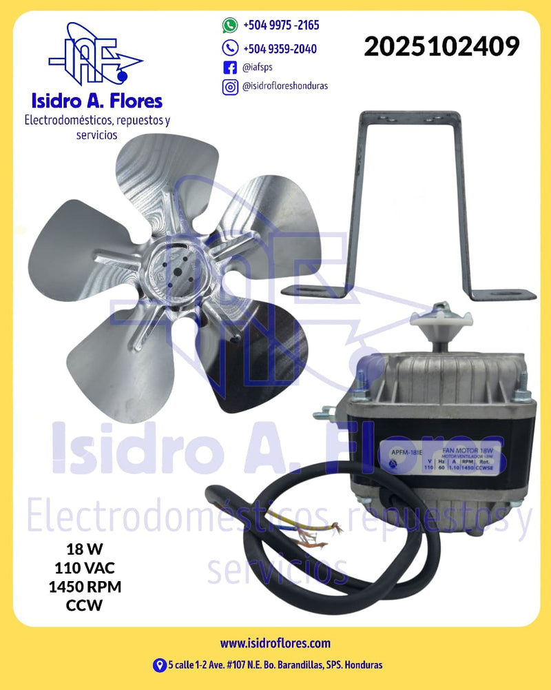 Motor condensador tipo vitrina 18W 110V, 1450RPM CCW con base y aspa