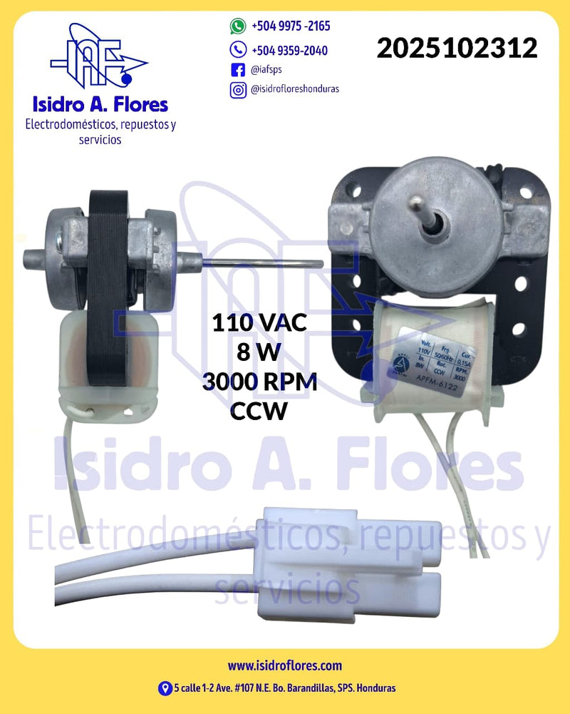 Motor evaporador eje delgado 8w  CCWSE 3000 RPM 15A   Appli Part
