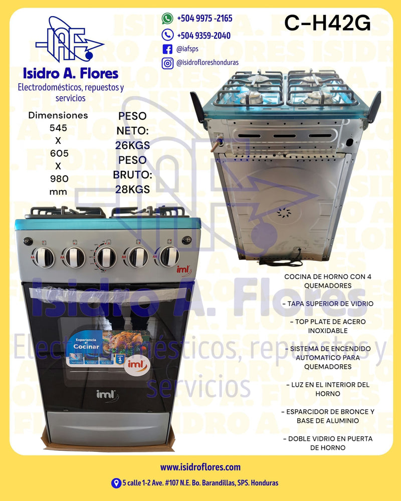 Estufa de gas 4 quemadores marca IML, puerta vidrio con horno, gris