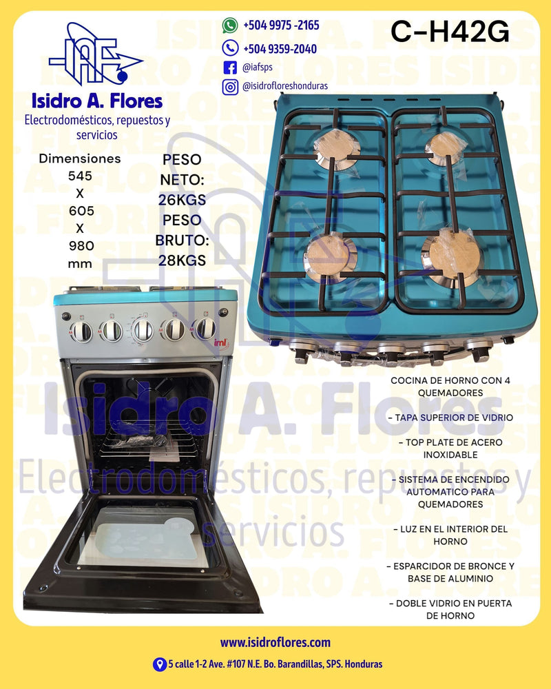Estufa de gas 4 quemadores marca IML, puerta vidrio con horno, gris