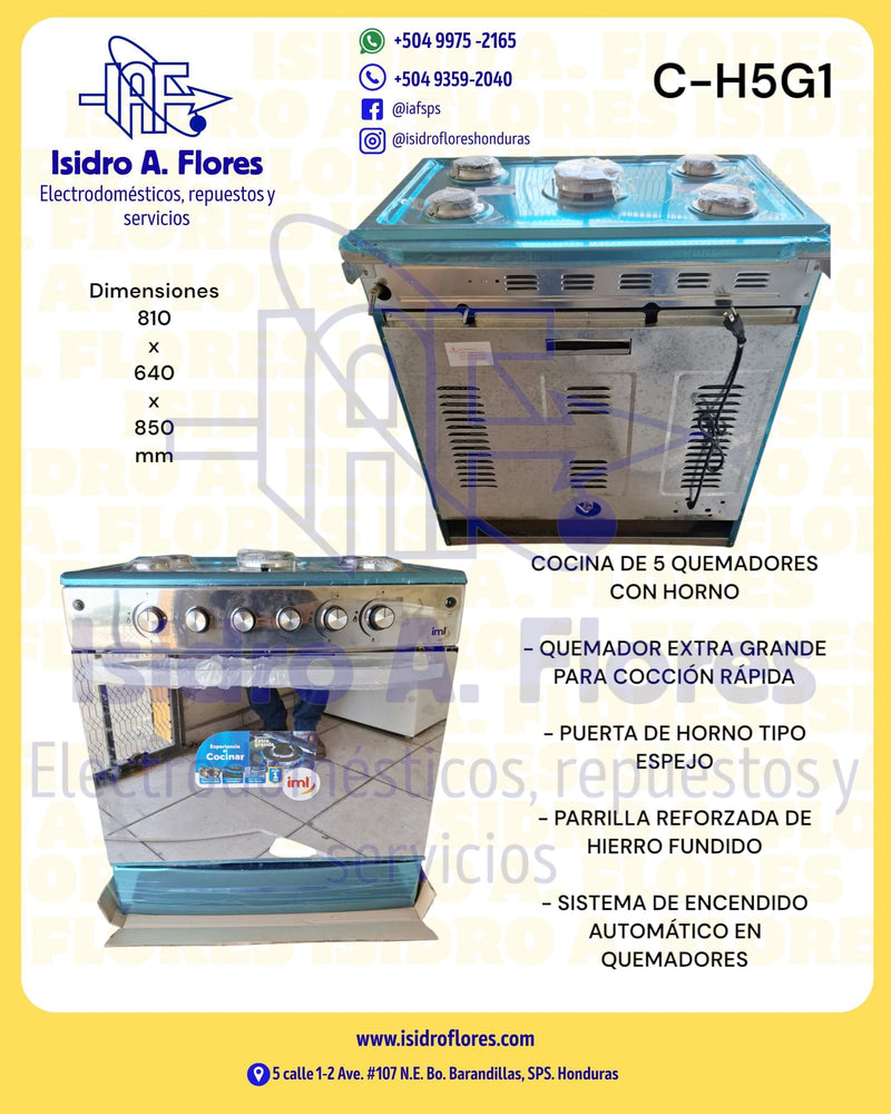 Estufa de gas con horno 5 quemadores acero inoxidable marca IML