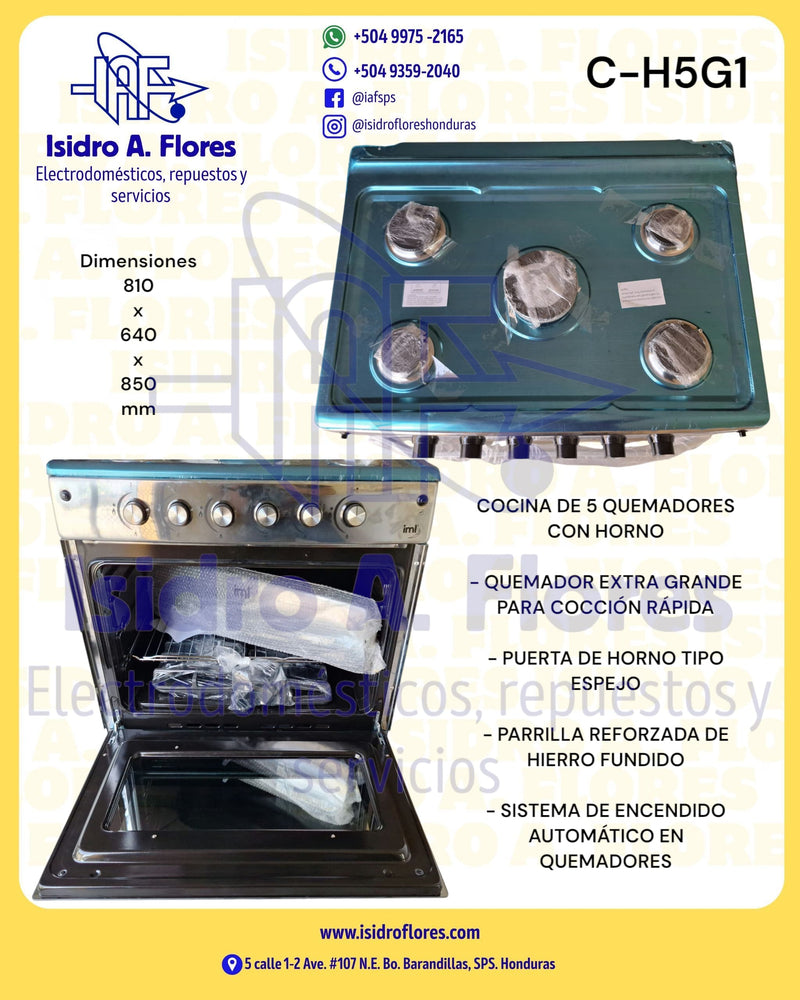 Estufa de gas con horno 5 quemadores acero inoxidable marca IML