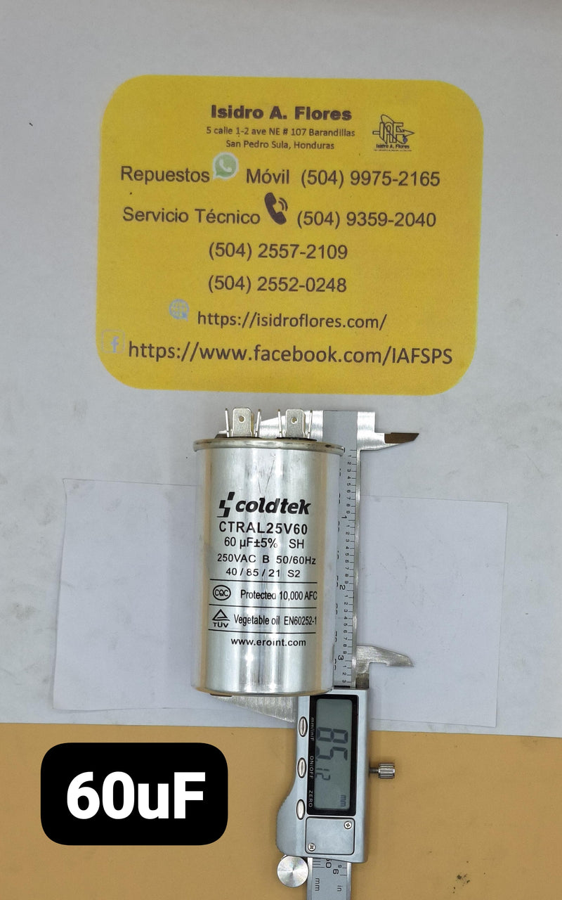 Capacitor aluminio, trabajo, 250V. 60uF+5%, 2 postes sirve aires 110V
