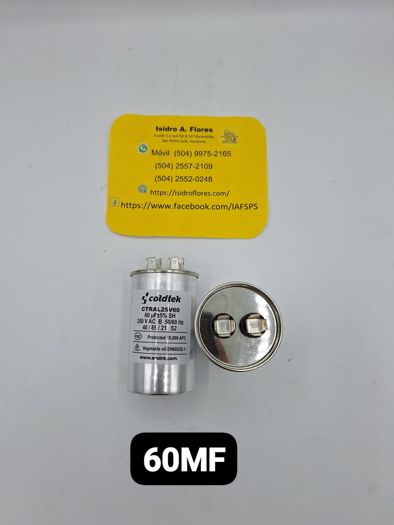 Capacitor aluminio, trabajo, 250V. 60uF+5%, 2 postes sirve aires 110V