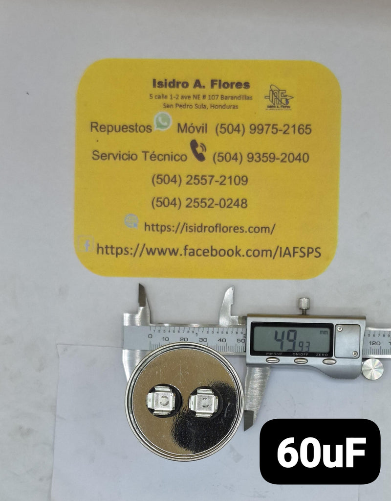 Capacitor aluminio, trabajo, 250V. 60uF+5%, 2 postes sirve aires 110V