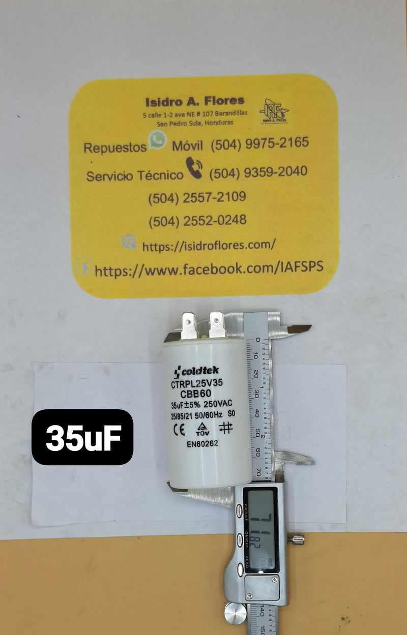 Capacitor de trabajo plástico, lavadora y bombas  35UF +250V