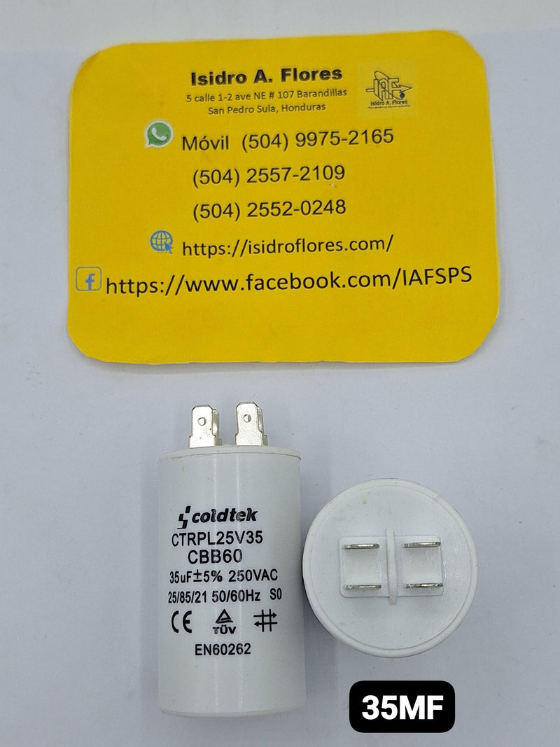 Capacitor de trabajo plástico, lavadora y bombas  35UF +250V