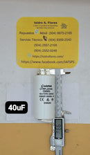 Capacitor trabajo plástico, 40uF, 250VAC, lavadora y bomba sumergible