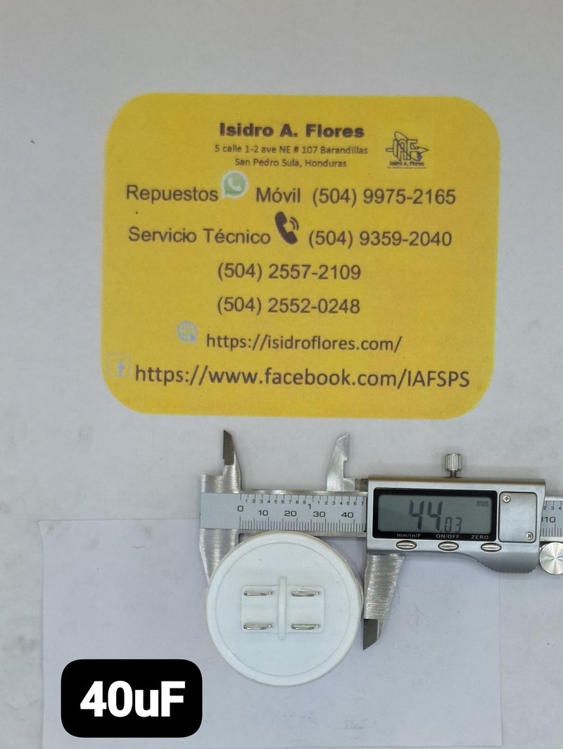 Capacitor trabajo plástico, 40uF, 250VAC, lavadora y bomba sumergible