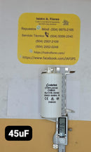 Capacitor trabajo plástico, 45uF, 250VAC, lavadora y bomba sumergible