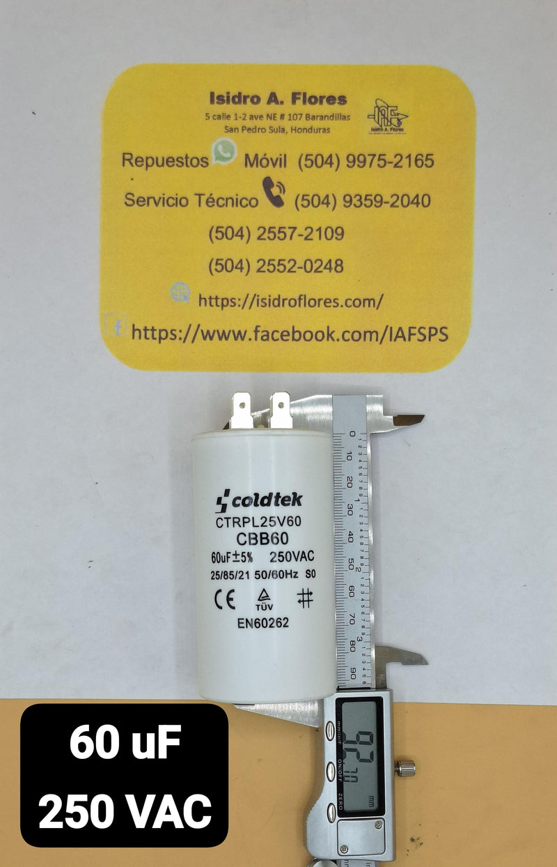 Capacitor trabajo plástico,60uF,250VAC, lavadora y bomba sumergible