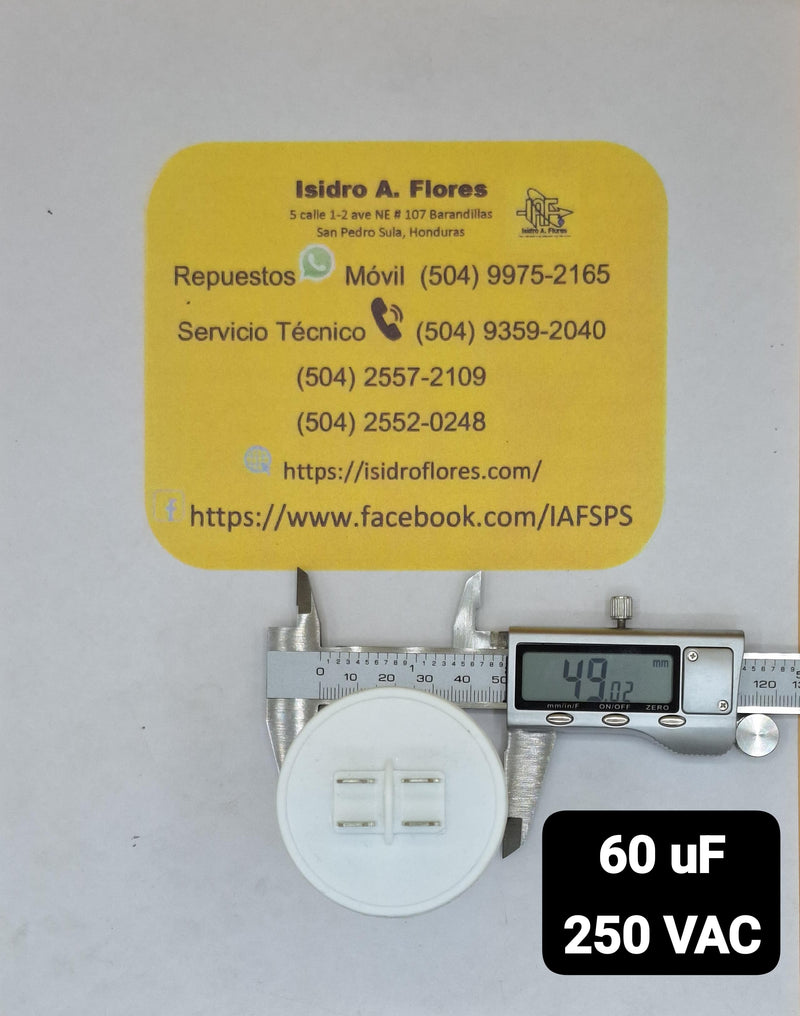 Capacitor trabajo plástico,60uF,250VAC, lavadora y bomba sumergible