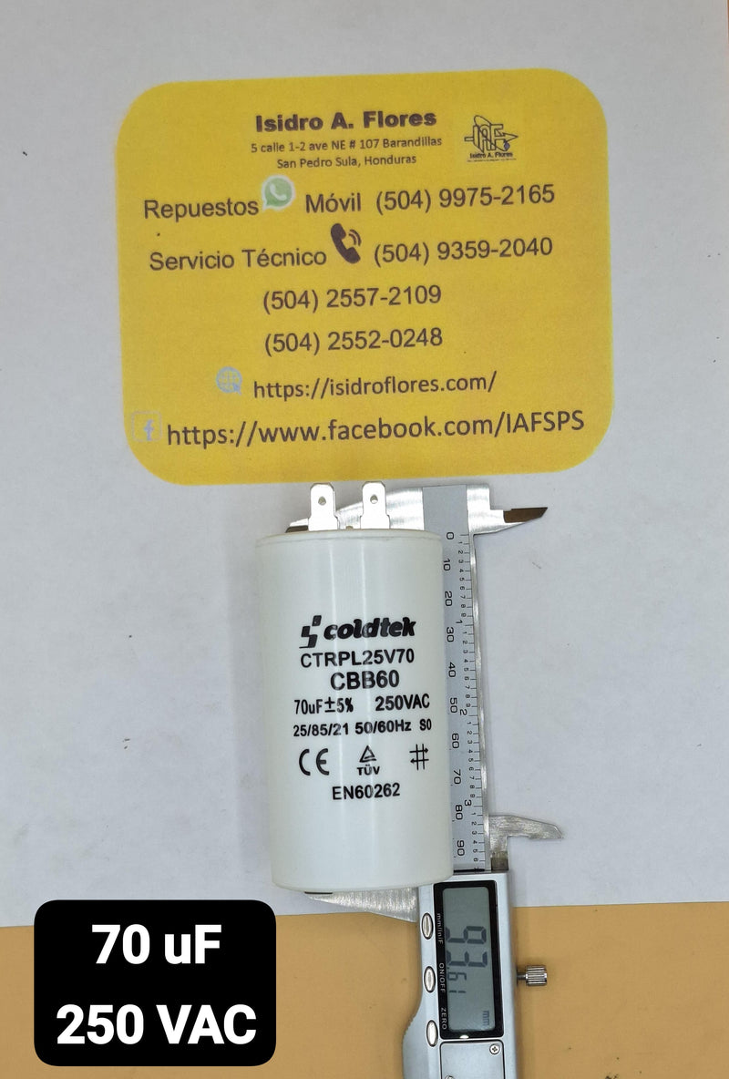 Capacitor trabajo plástico, 70UF 250V 2 postes de lavadora y bomba