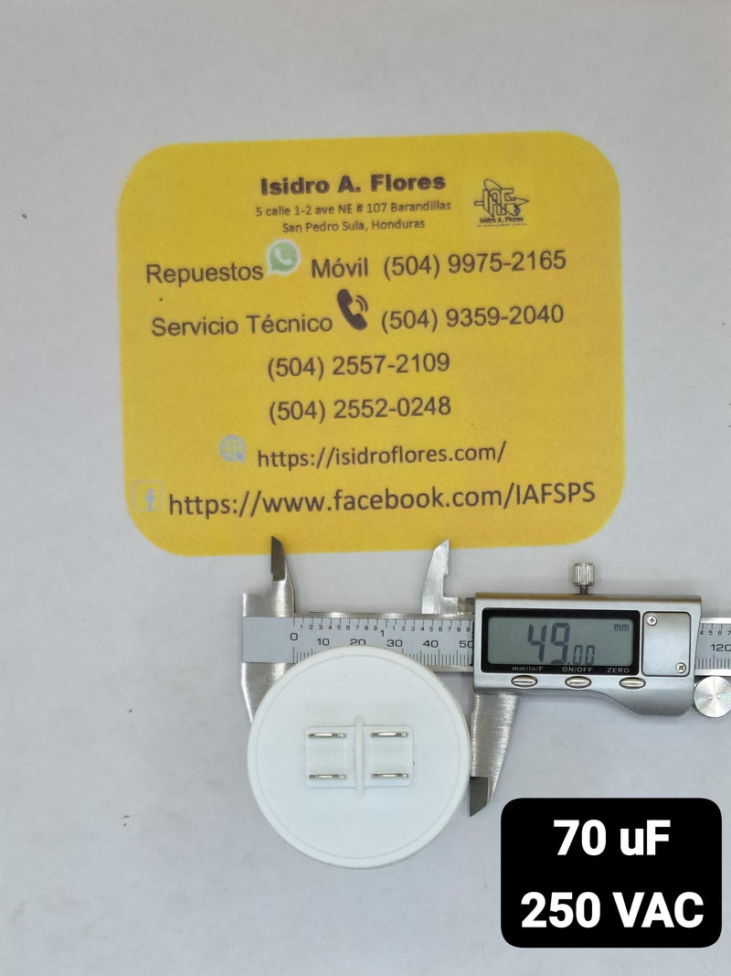 Capacitor trabajo plástico, 70UF 250V 2 postes de lavadora y bomba