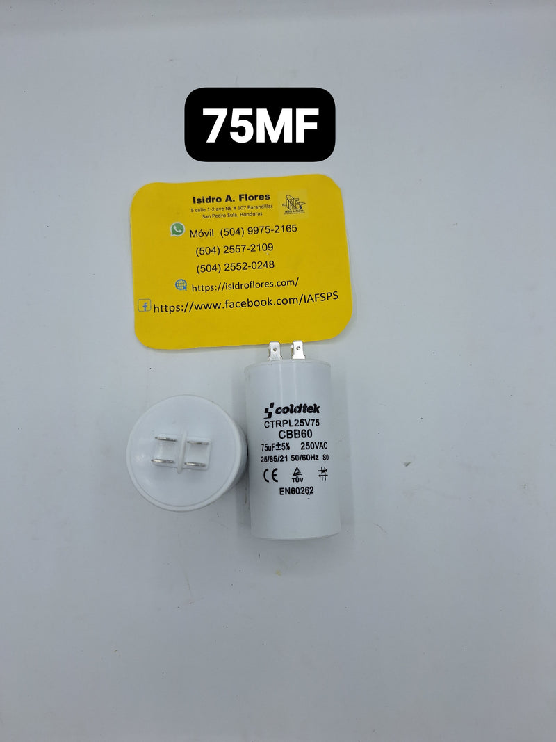 Capacitor plástico de trabajo 75UF, 250V para lavadora y bomba