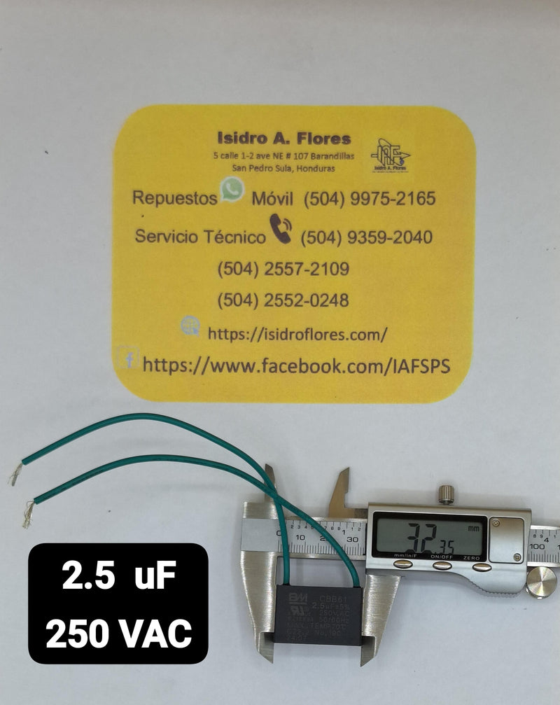 Capacitor de ventilador 2 cables verdes 2.5uF+5%  250V