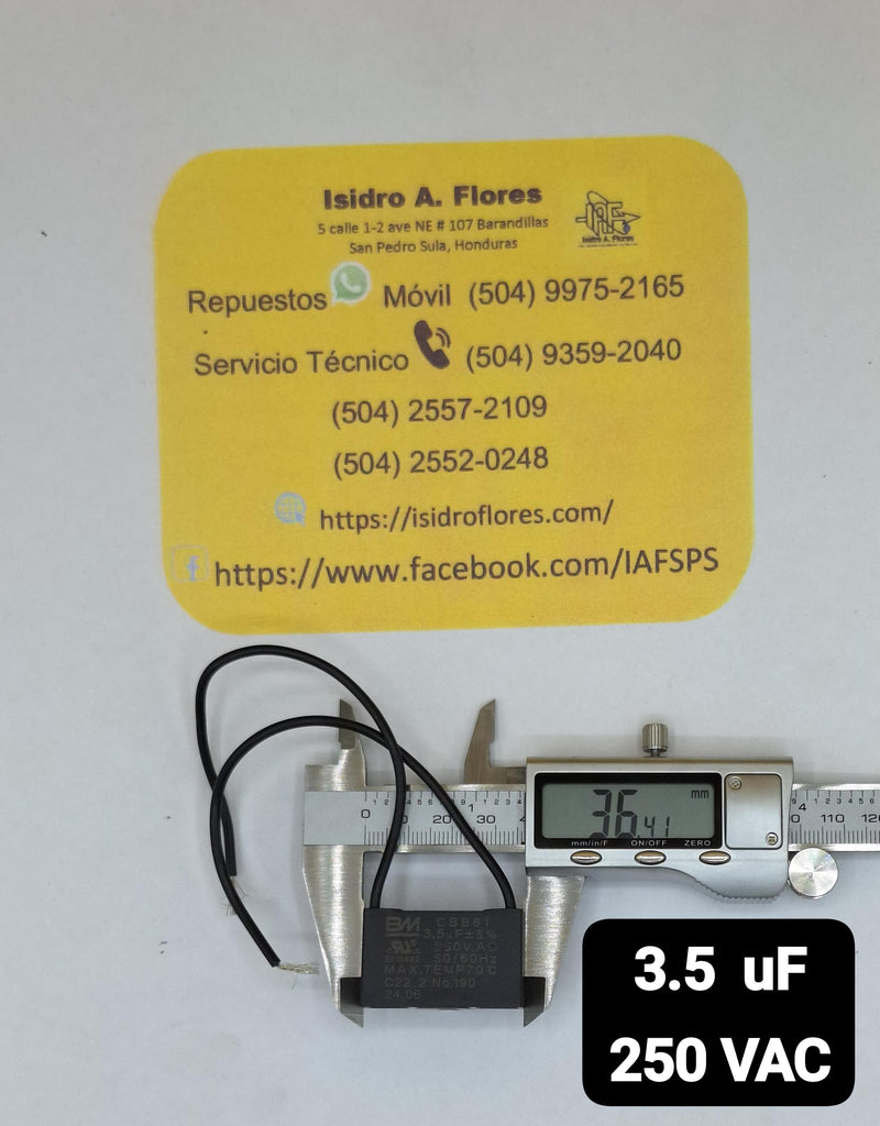Capacitor de ventilador 2 cables negros 3.5UF+5% 250V