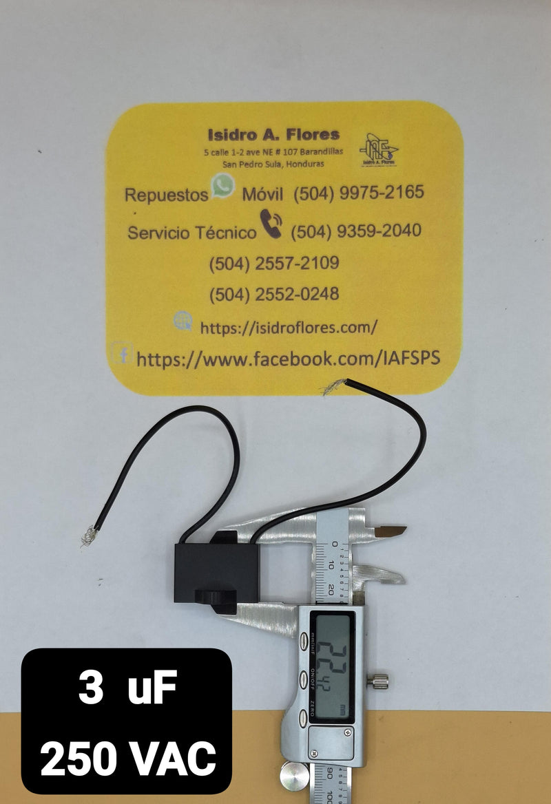 Capacitor de 2 cables negros de ventilador 3UF+5% 250V