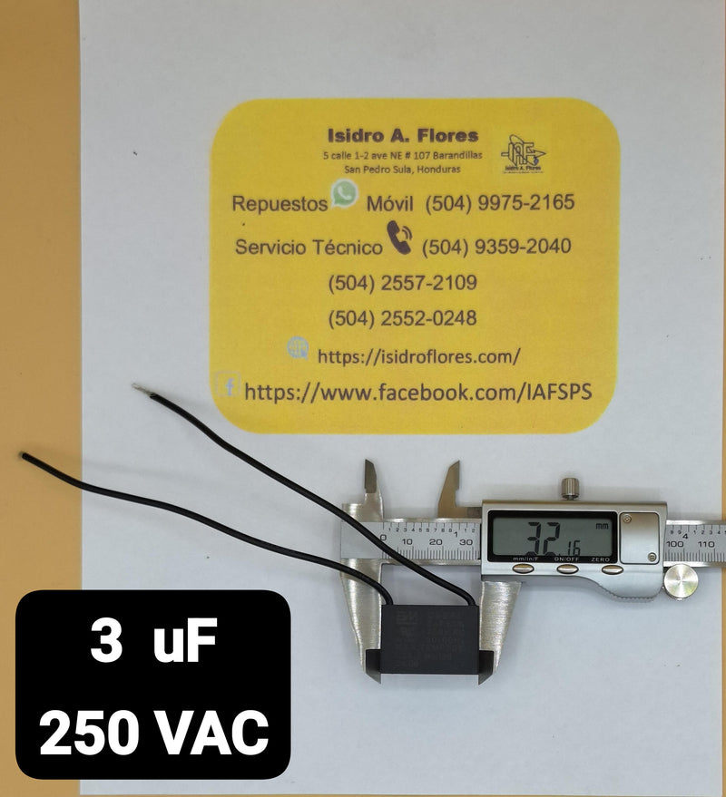 Capacitor de 2 cables negros de ventilador 3UF+5% 250V