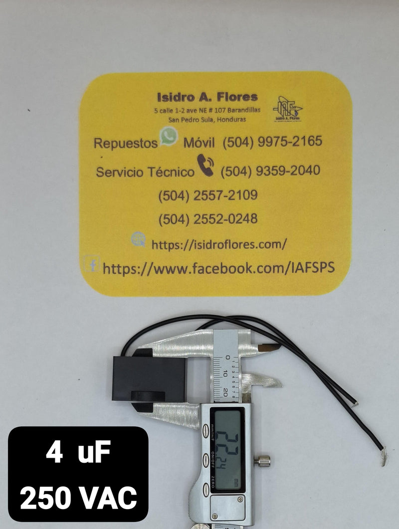 Capacitor de ventilador 2 cables negros 4UF+5% 250V