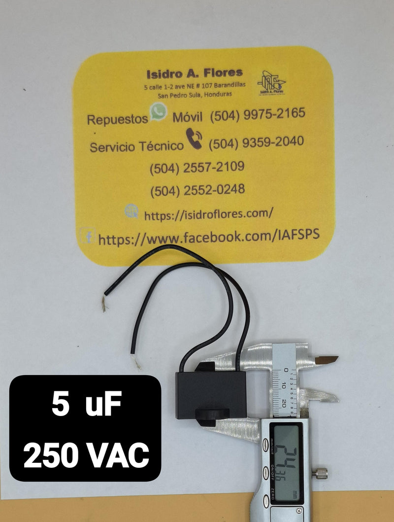 Capacitor de ventilador dos cables negros 5UF+5%  / 250V