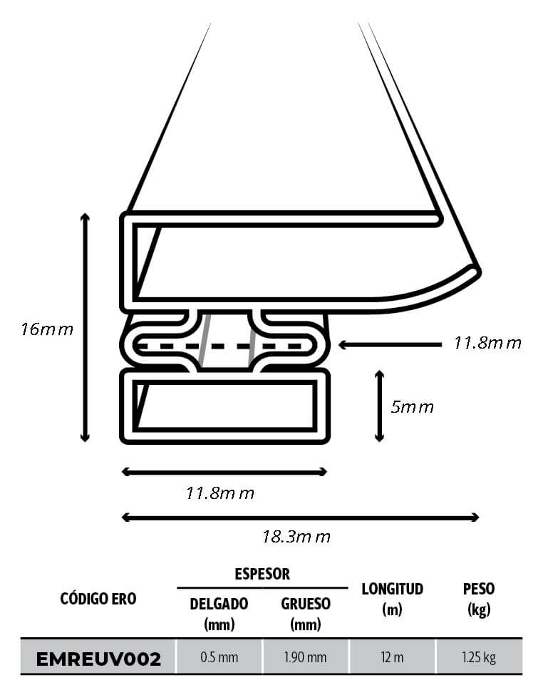 Empaque perfil ceja larga  blanca rollo apróximadamente 12m 25D309