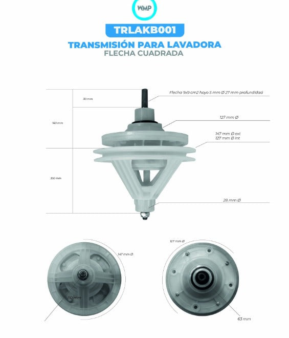 Transmisión flecha cuadrada para lavadora WMP sirve Koblenz