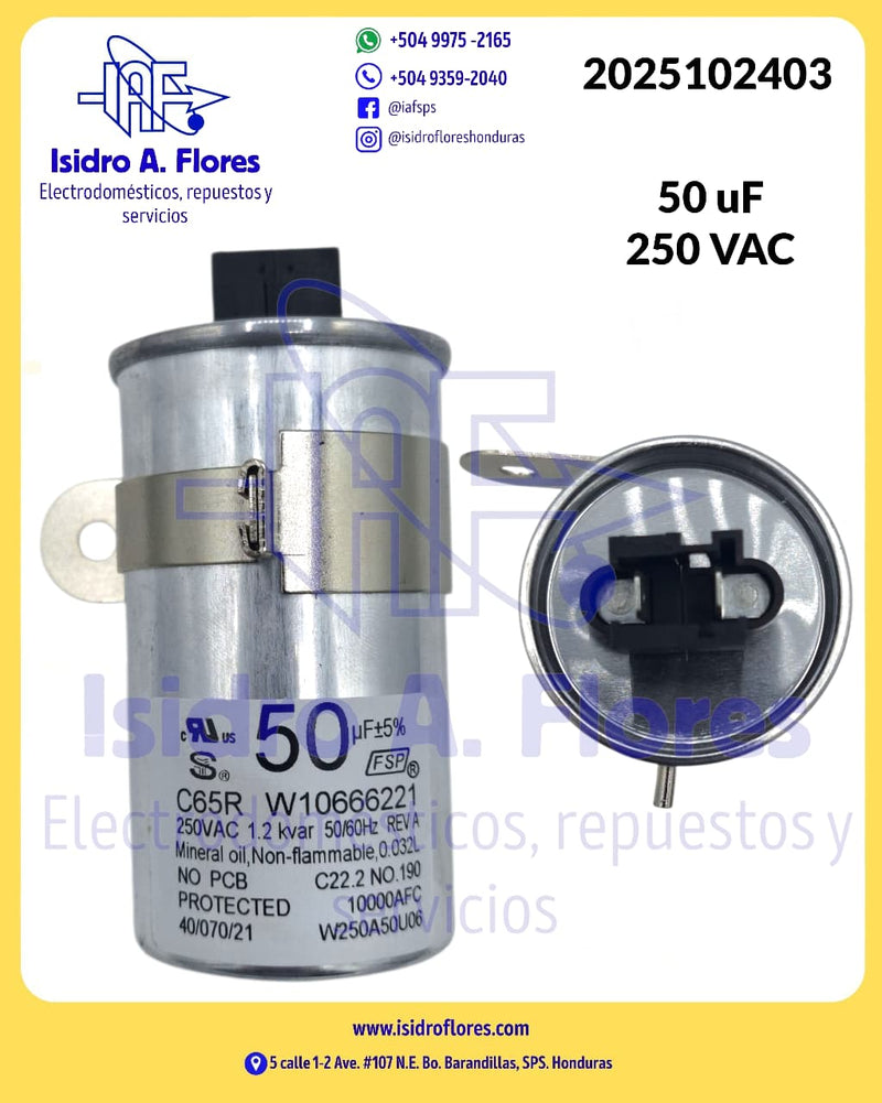 Capacitor original Whirlpool 50UF+5% de lavadora digital