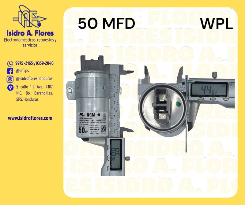 Capacitor original  50UF +5% 250V para lavadora Whirlpool